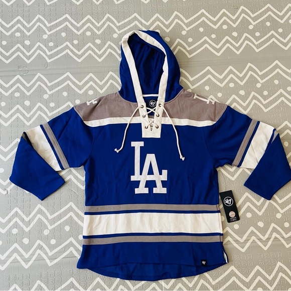 Vintage Retro 47 Brand LA Dodgers varsity baseball jersey jacket laced hoodie - Picture 2 of 8